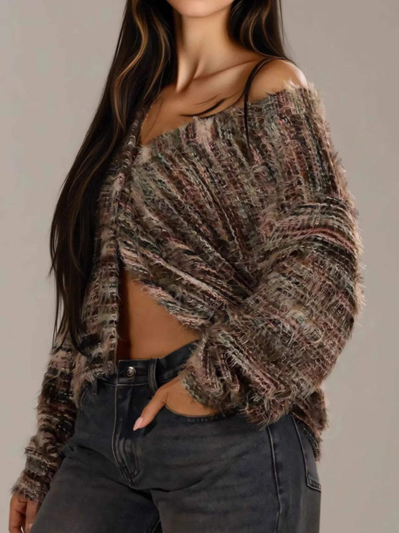 Trendsi fuzzy button down cardigan in neutral multicolor knit oversized off shoulder cropped style with slouchy sleeves