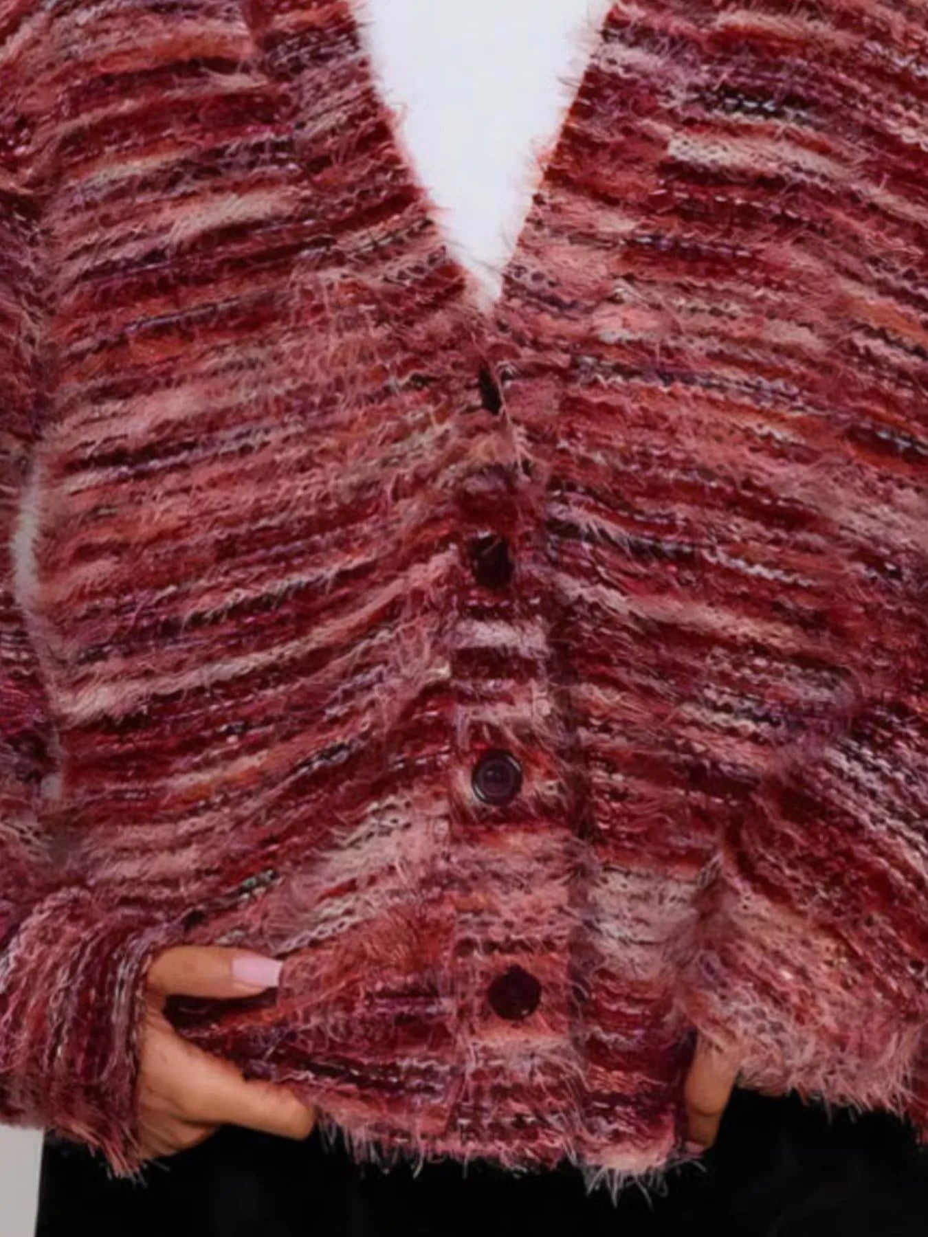 Trendsi fuzzy button down cardigan in variegated rose and burgundy with V neck front buttons and long sleeves