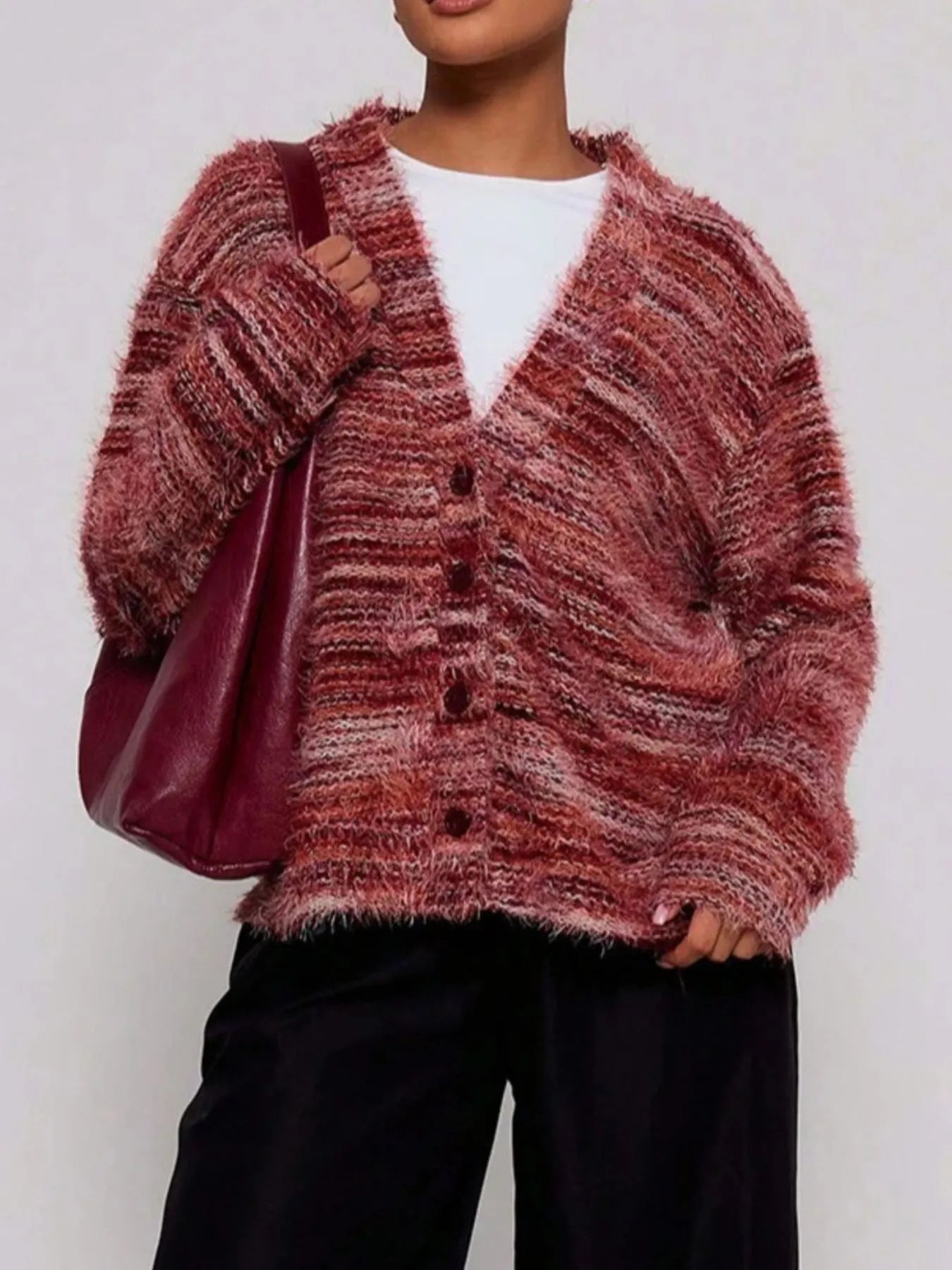 Trendsi maroon striped fuzzy button down cardigan with oversized fit and front buttons