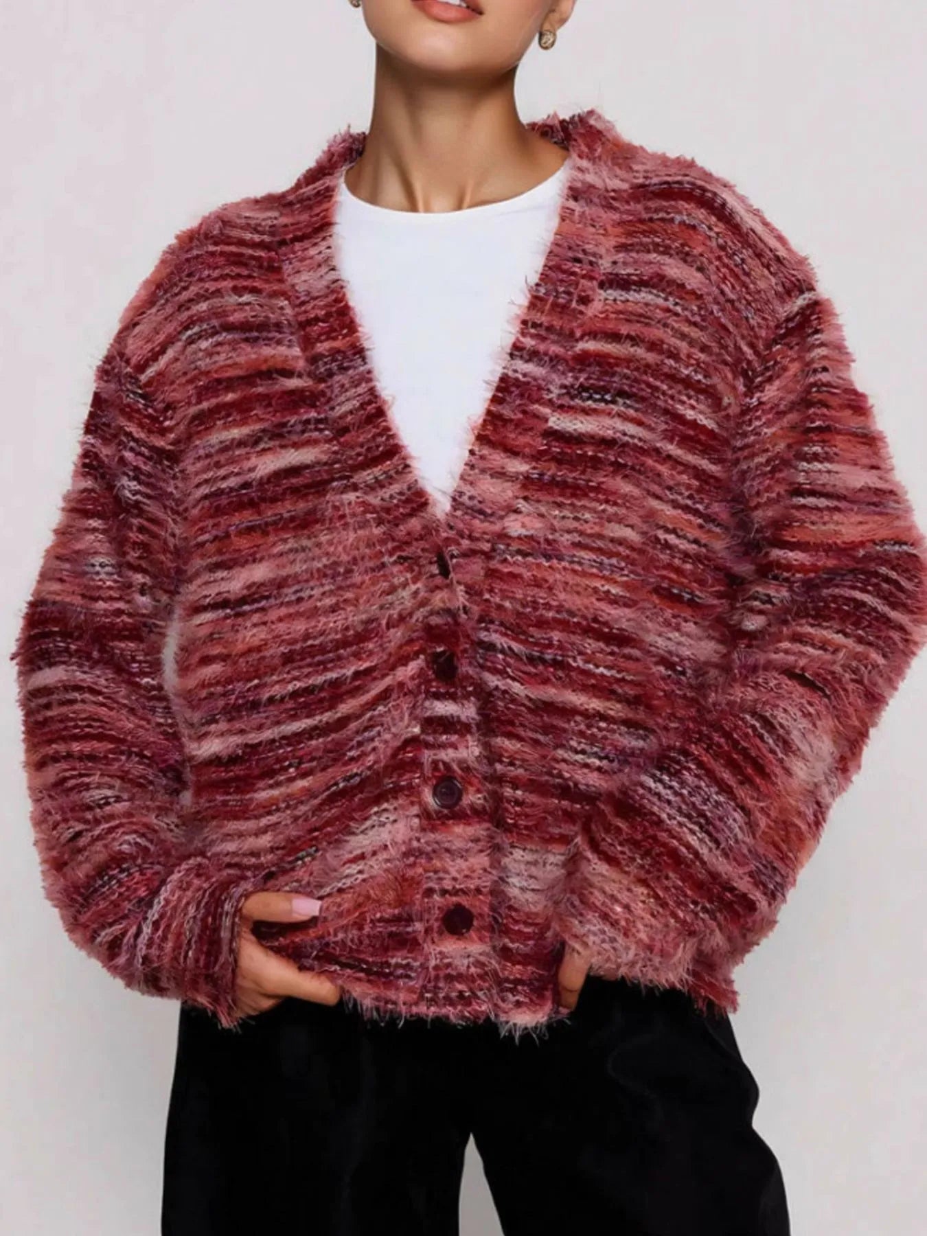 Trendsi fuzzy button down cardigan maroon striped oversized V neck with large buttons over white tee