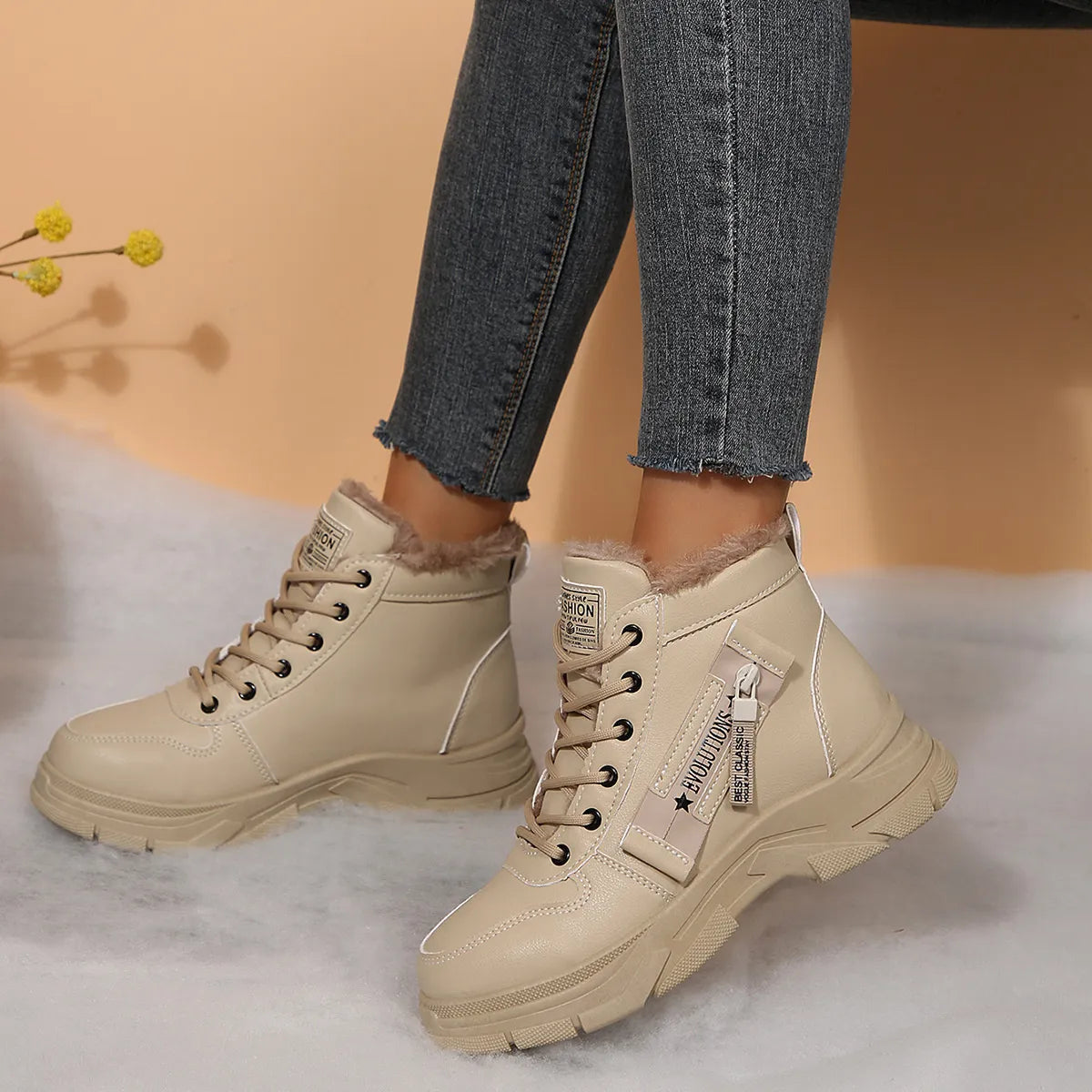 Trendsi beige lace up Fleece Lined Winter Boots with faux fur ankle cuff rugged sole for cold weather