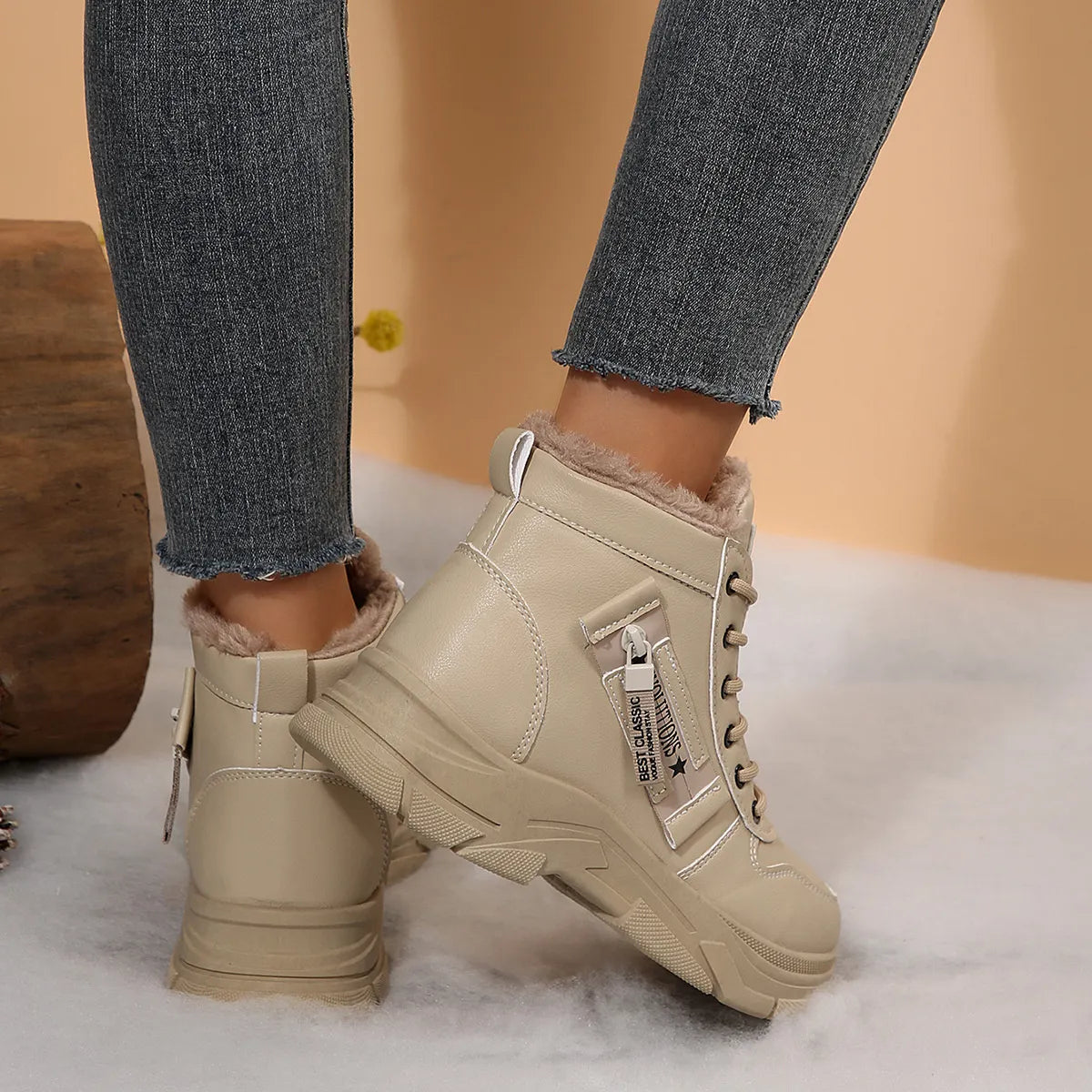 Trendsi beige lace up ankle Fleece Lined Winter Boots with faux fur cuff and chunky tread