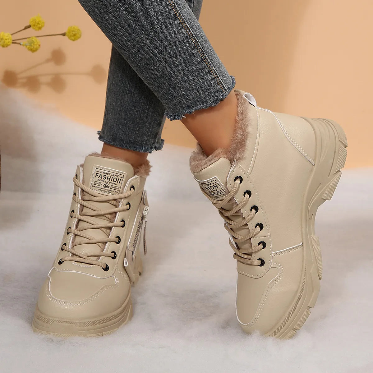 Trendsi beige lace up ankle Fleece Lined Winter Boots with faux fur collar side zipper and chunky sole
