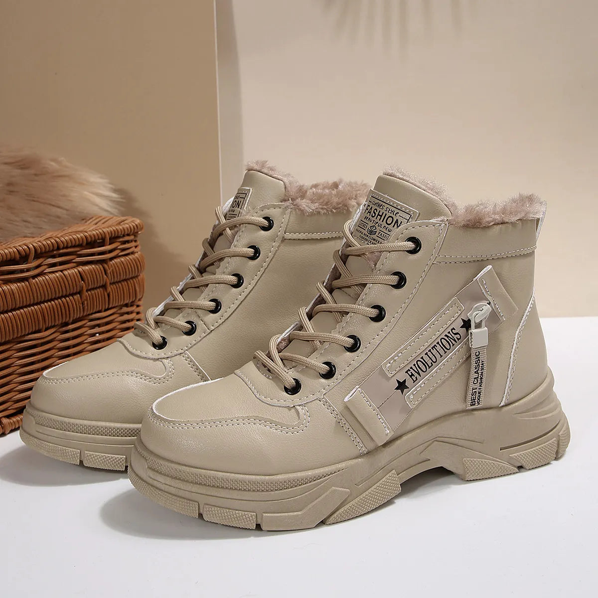 Trendsi beige Fleece Lined Winter Boots with faux fur collar chunky sole and lace up design