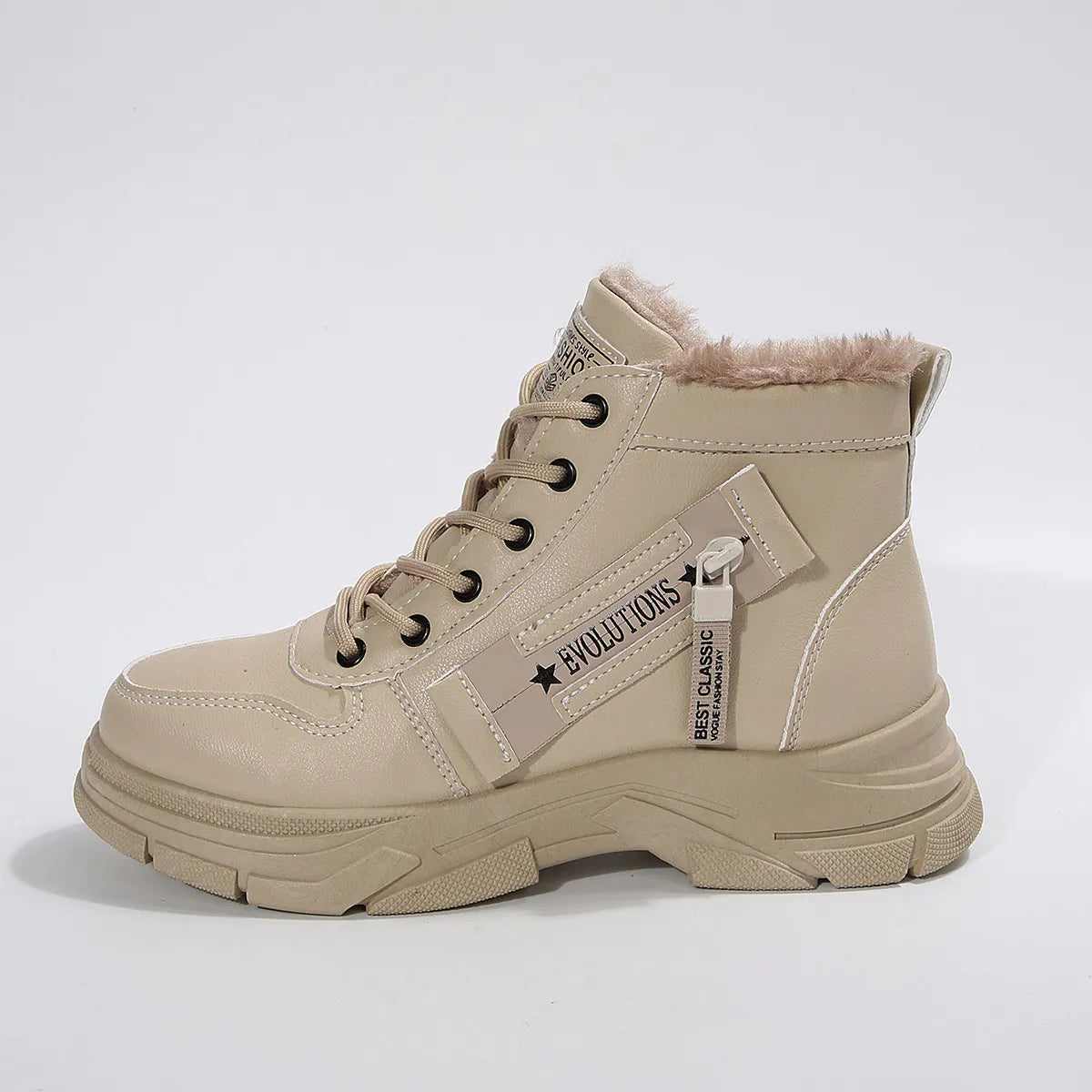 Trendsi beige lace up Fleece Lined Winter Boots with faux fur collar chunky tread sole and side zipper