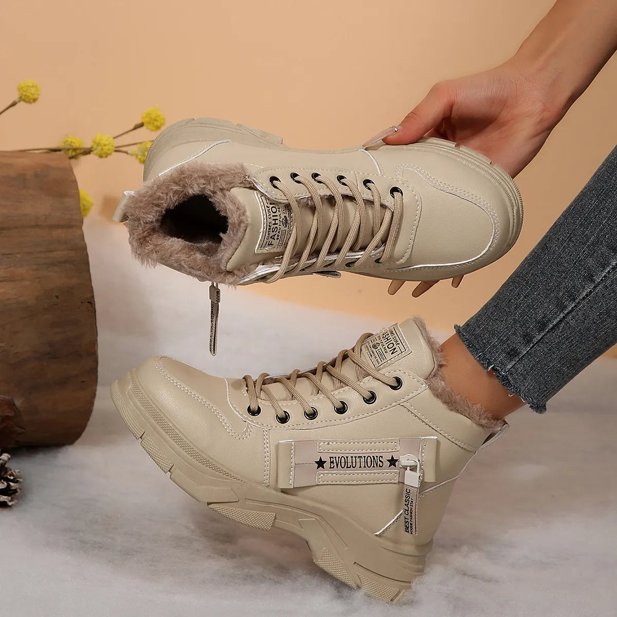 Trendsi beige lace up ankle Fleece Lined Winter Boots with faux fur collar and chunky tread sole for cold weather