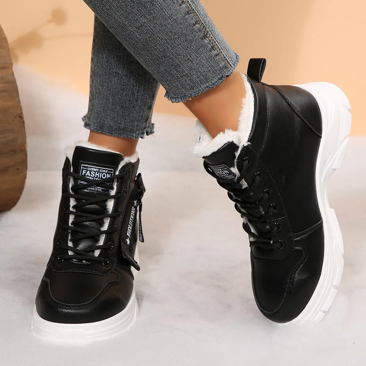 Trendsi black faux leather high top sneaker boots with white fleece trim and chunky sole Fleece Lined Winter Boots