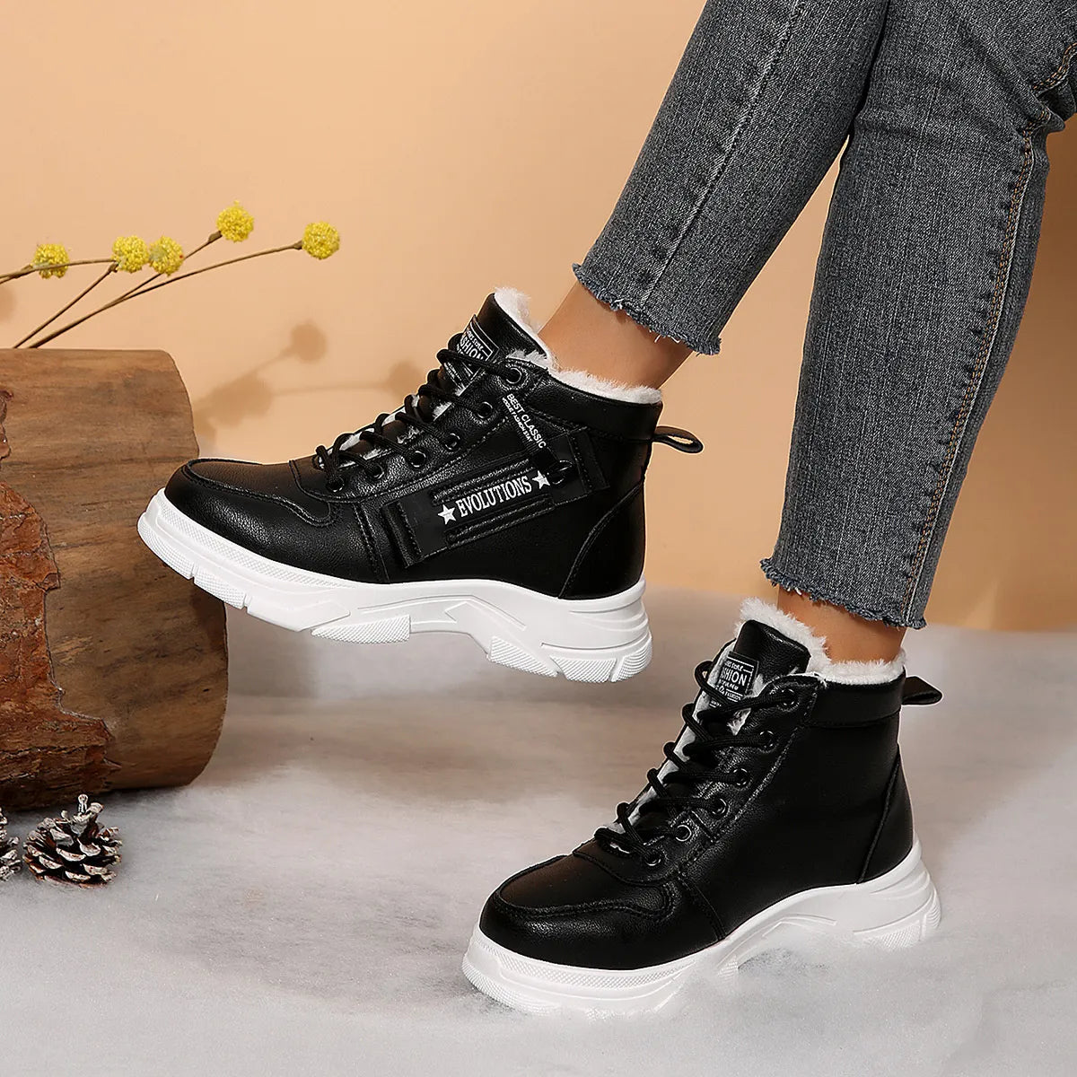 Trendsi black lace up high top boots with white faux fur collar and chunky white sole Fleece Lined Winter Boots