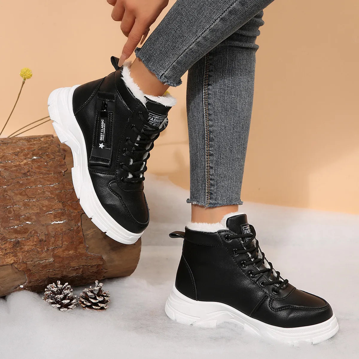 Trendsi black leather look ankle boots Fleece Lined Winter Boots with white chunky sole and faux fur cuff