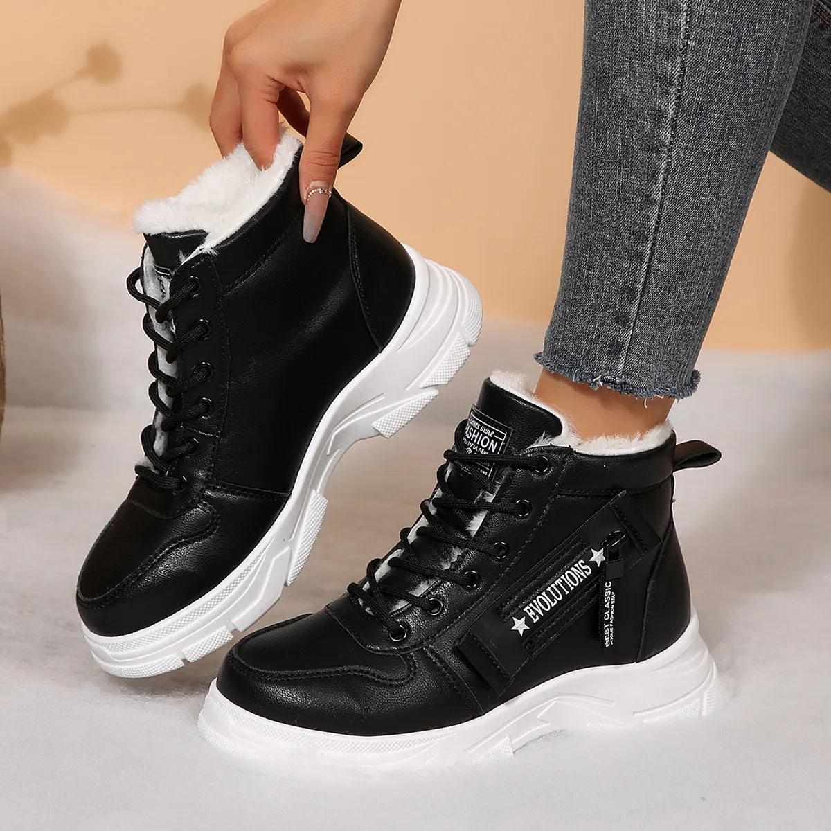Trendsi black faux leather lace up Fleece Lined Winter Boots with white chunky sole and fleece collar