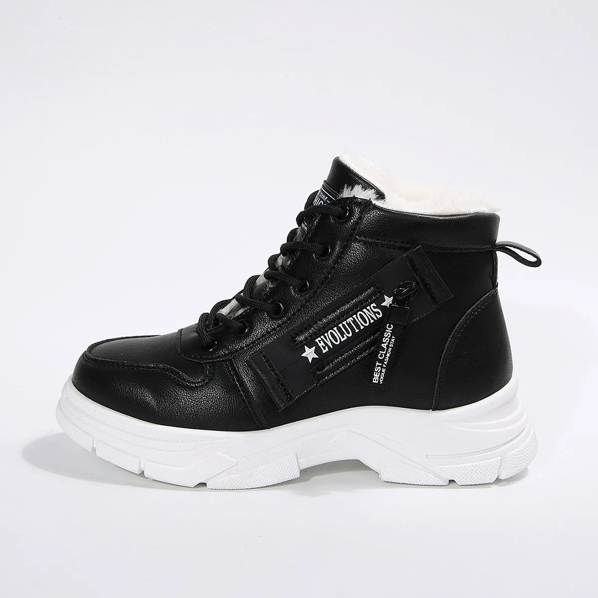 Trendsi black lace up ankle sneaker boot with white chunky sole and faux fleece lining Fleece Lined Winter Boots