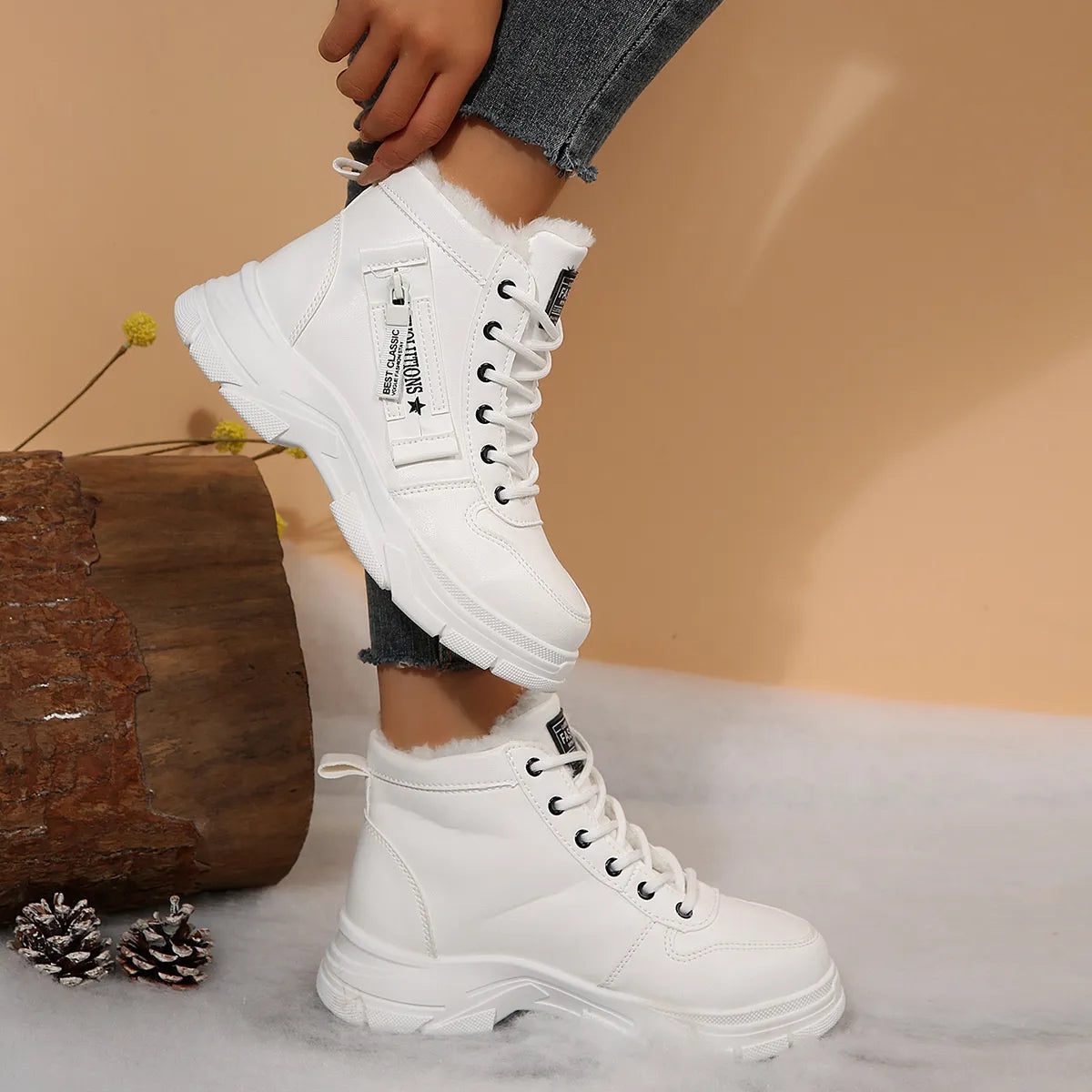 Trendsi white lace up ankle Fleece Lined Winter Boots with faux fur cuff chunky platform sole