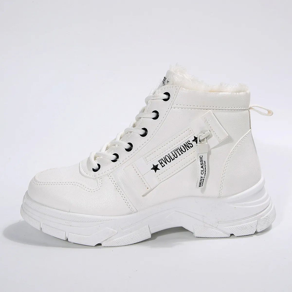 White Trendsi Fleece Lined Winter Boots high top lace up with faux fur cuff and chunky sole