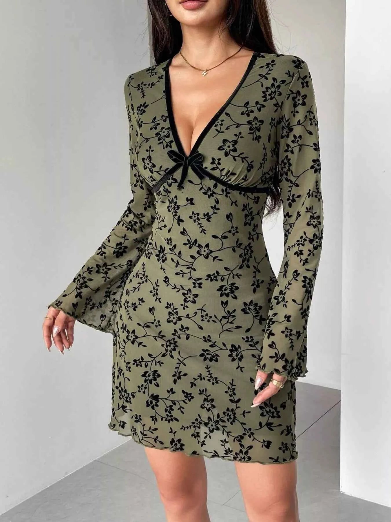 Flare Sleeve Mini Dress - Floral Print V-Neck