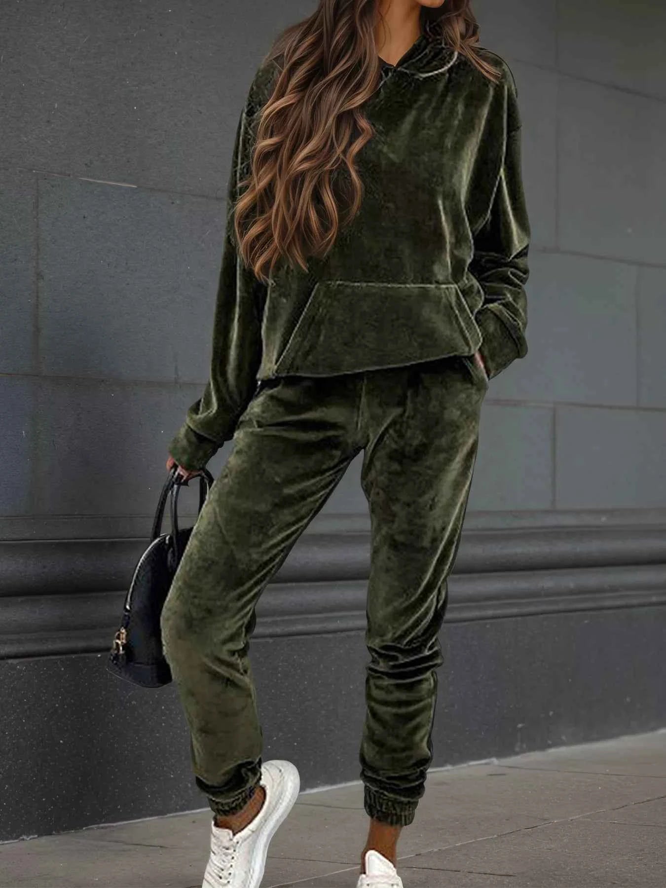 Velvet Long Sleeve Hoodie and Pants Set