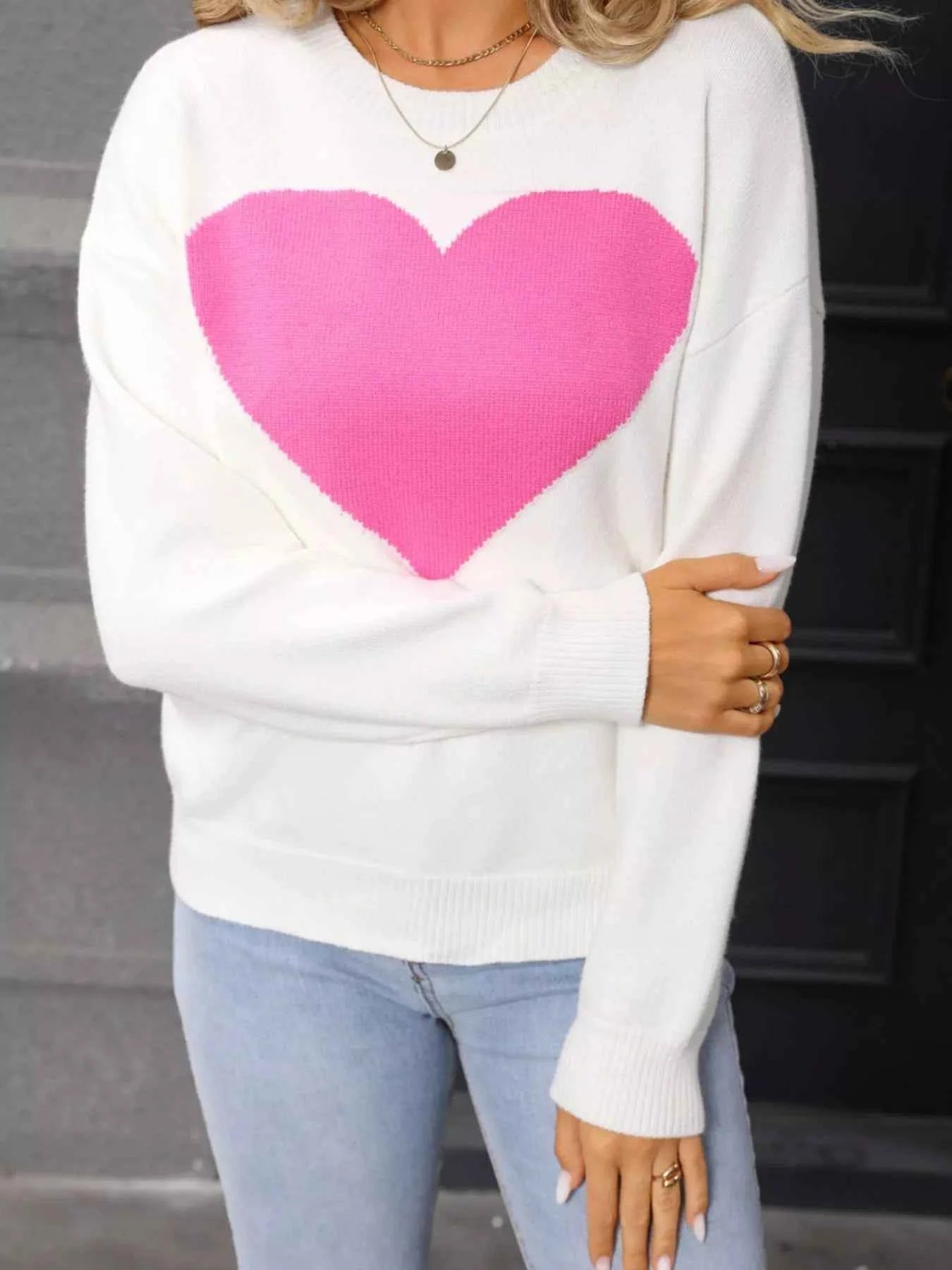 Valentine's Day Heart Round Neck Dropped Shoulder Sweater - Fashions Envy
