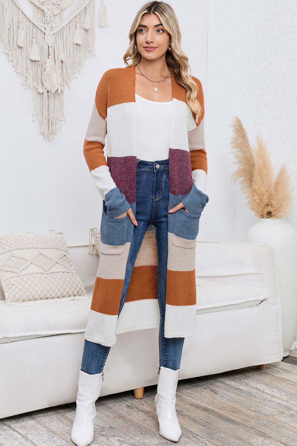 Long Color Block Cardigan - Open Front with Pockets
