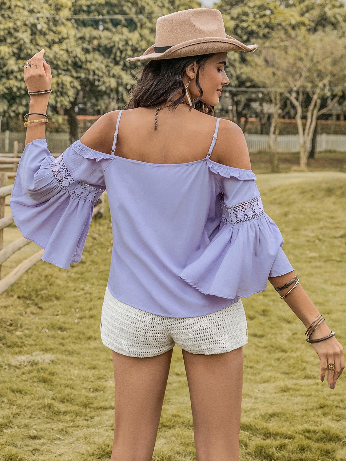 Blue Purple Square Neck Flare Sleeve Blouse