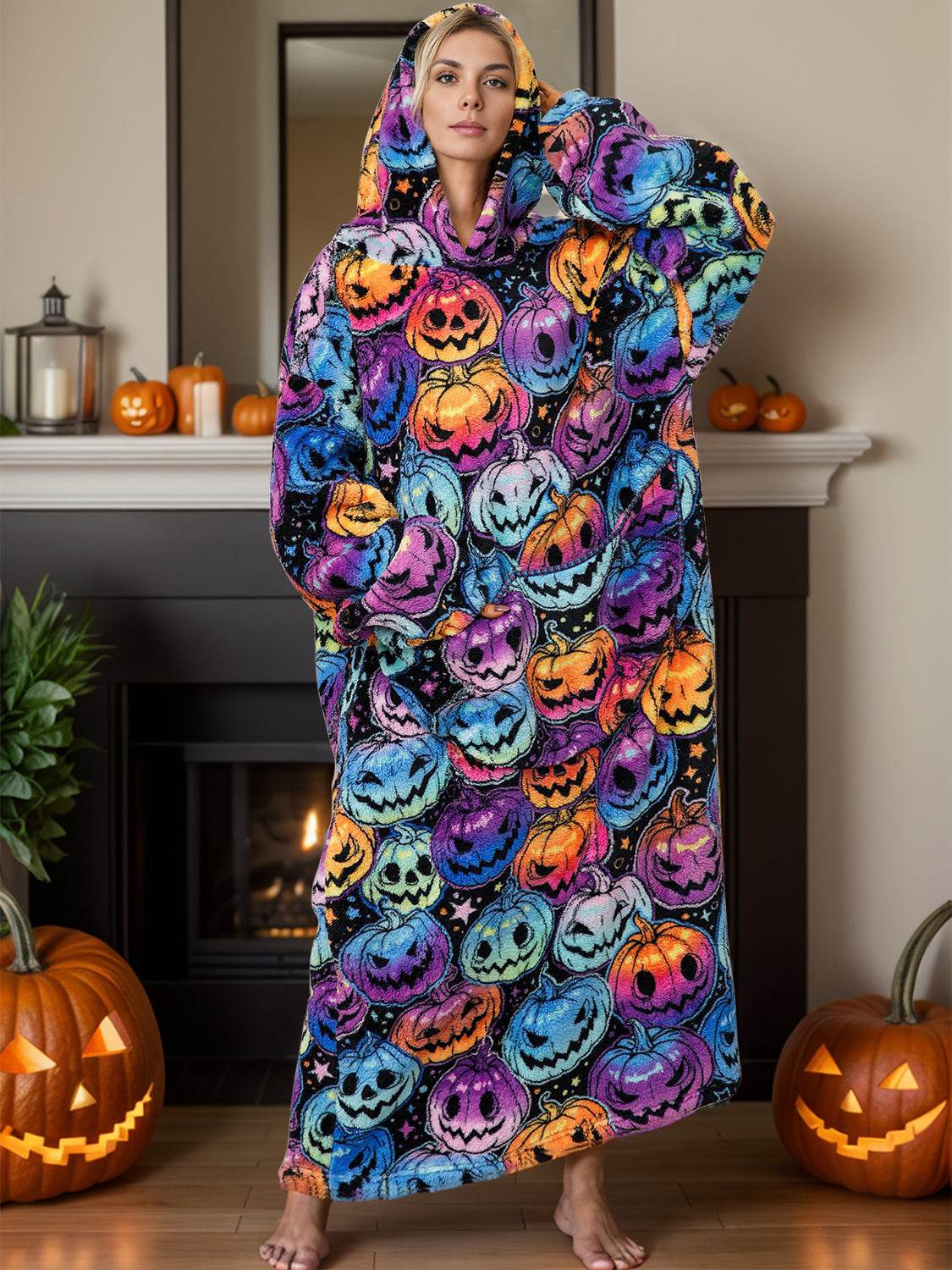 Fuzzy Pocketed Long Sleeve Hooded Lounge Dress - Fashions Envy