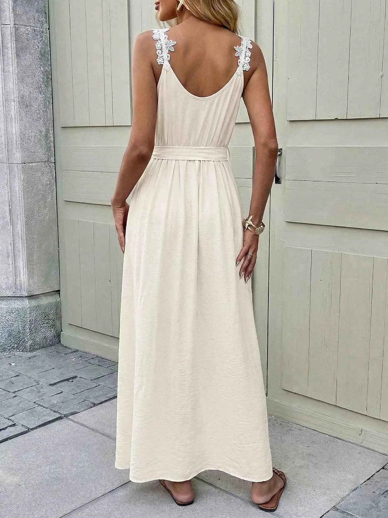 Slit Maxi Dress - Tie Waist Lace Trim Detail