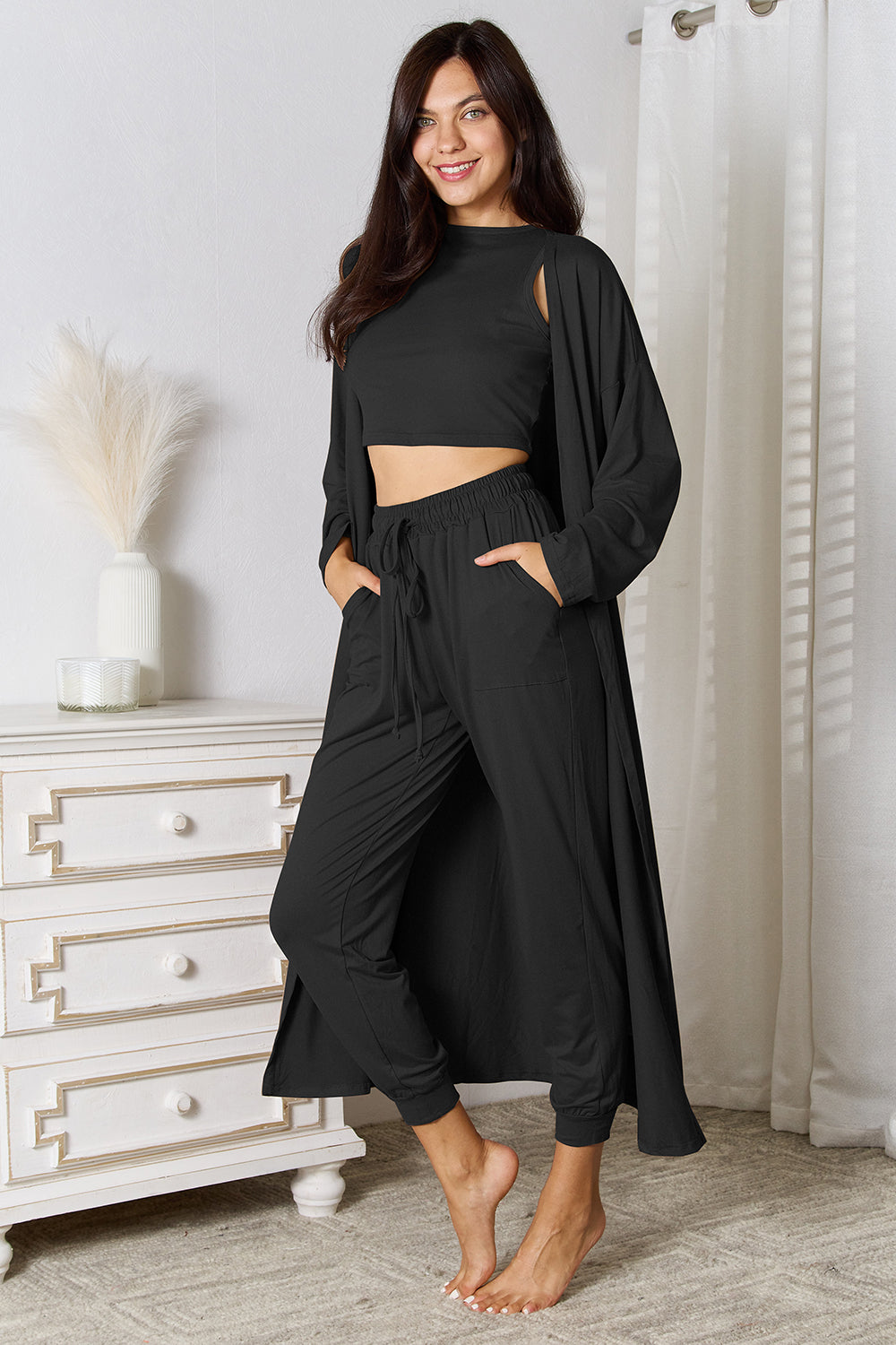 Crop Tank Top & Capri Pants with Long Cardigan Set