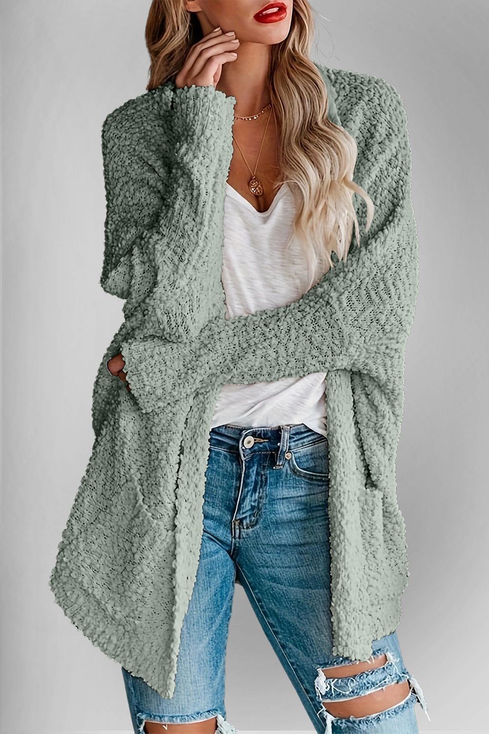 Double Take Pocketed Open Front Long Sleeve Cardigan - Fashions Envy