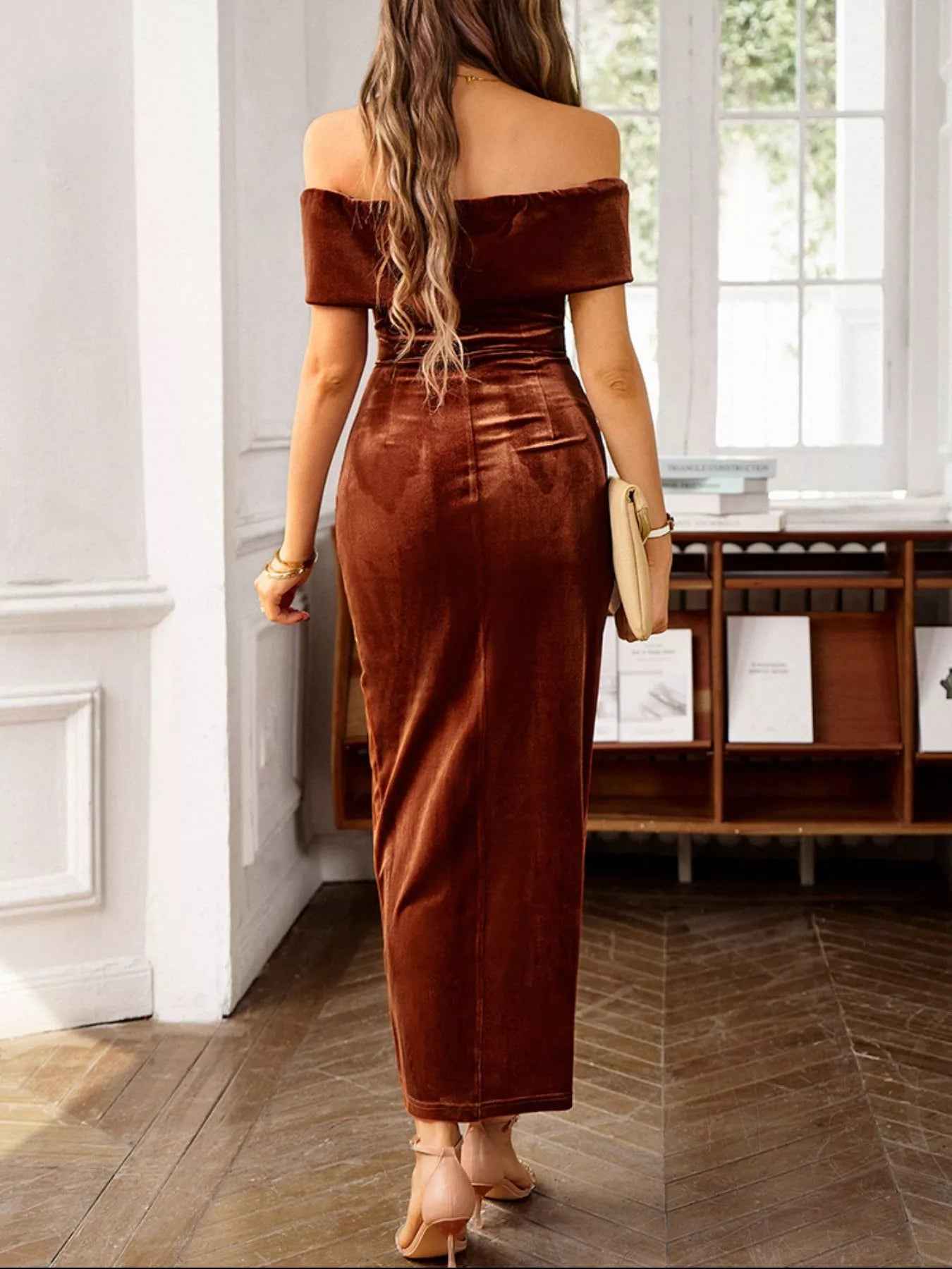 Velvet Off-Shoulder Midi Dress - Ruched Bodycon Slit - Fashions Envy