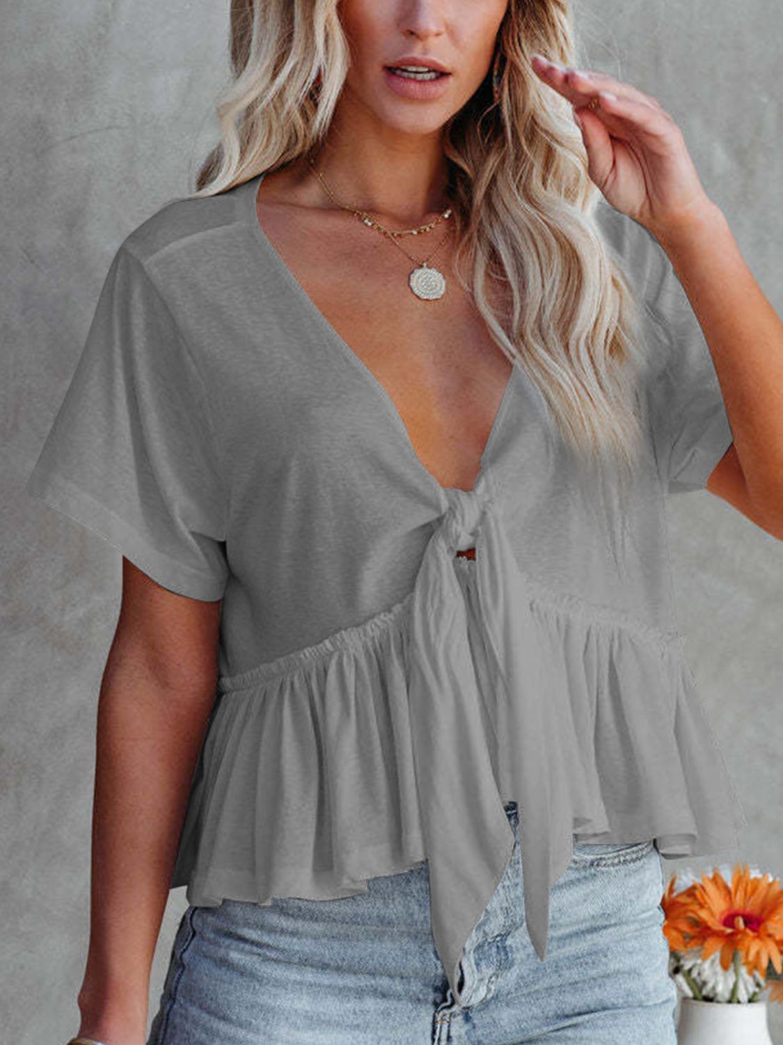 Tied Plunge V-neck Short Sleeve Blouse