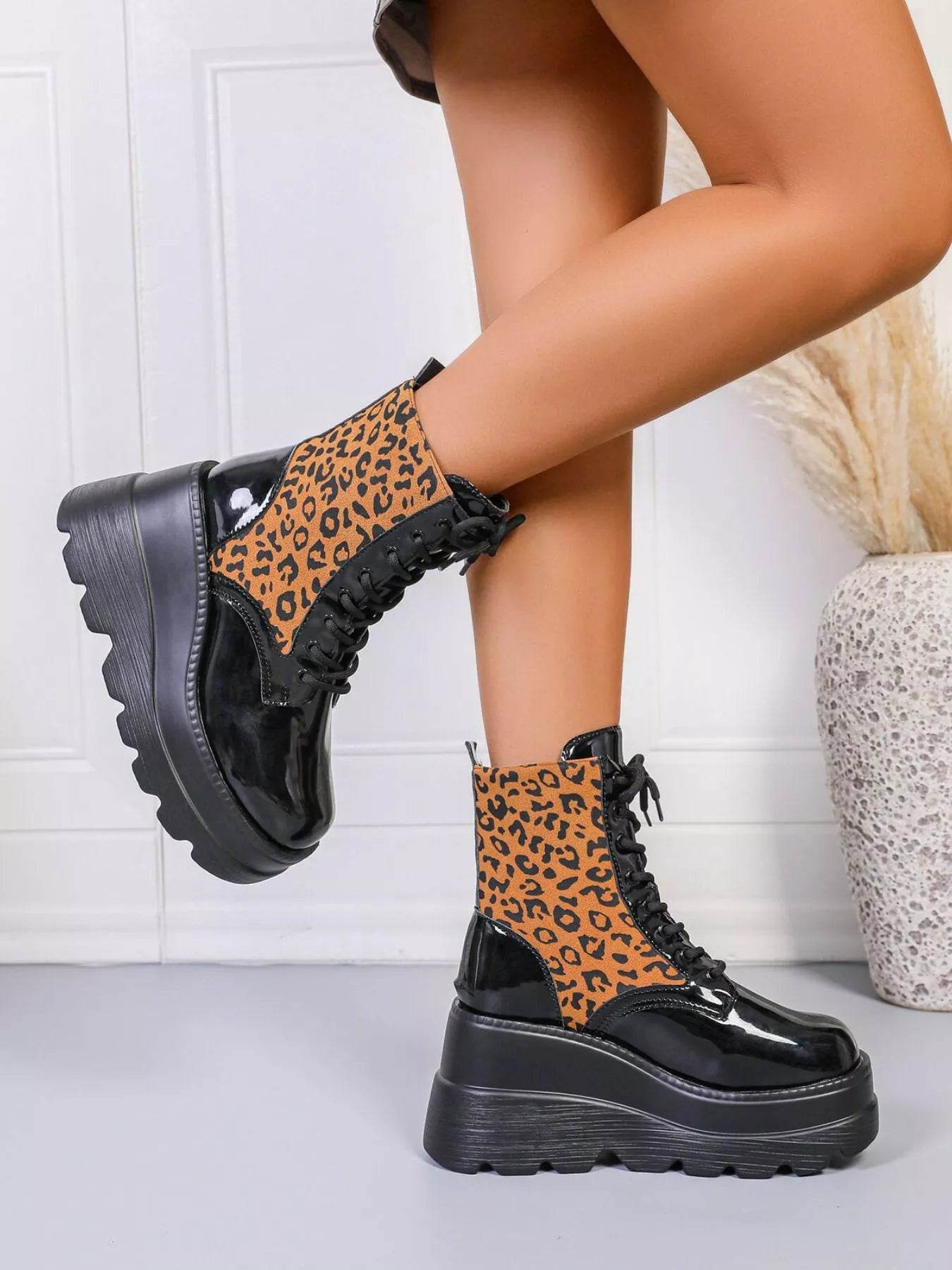 Lace Up Wedge Platform Boots - Low Heel Statement Boots - Fashions Envy