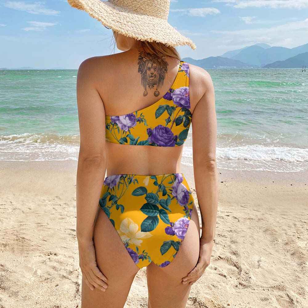 Floral Bikini Set - Yellow One Shoulder High Waist
