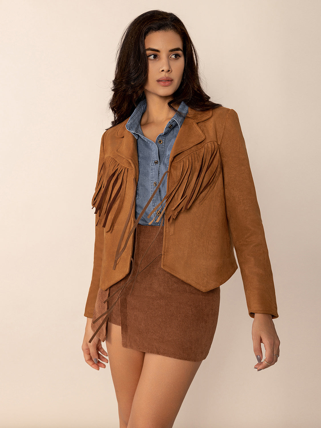 Caramel Tied Tassel Collared Neck Long Sleeve Jacket