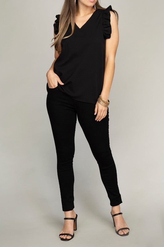 V-Neck Ruffle Short Sleeve Textured T-Shirt