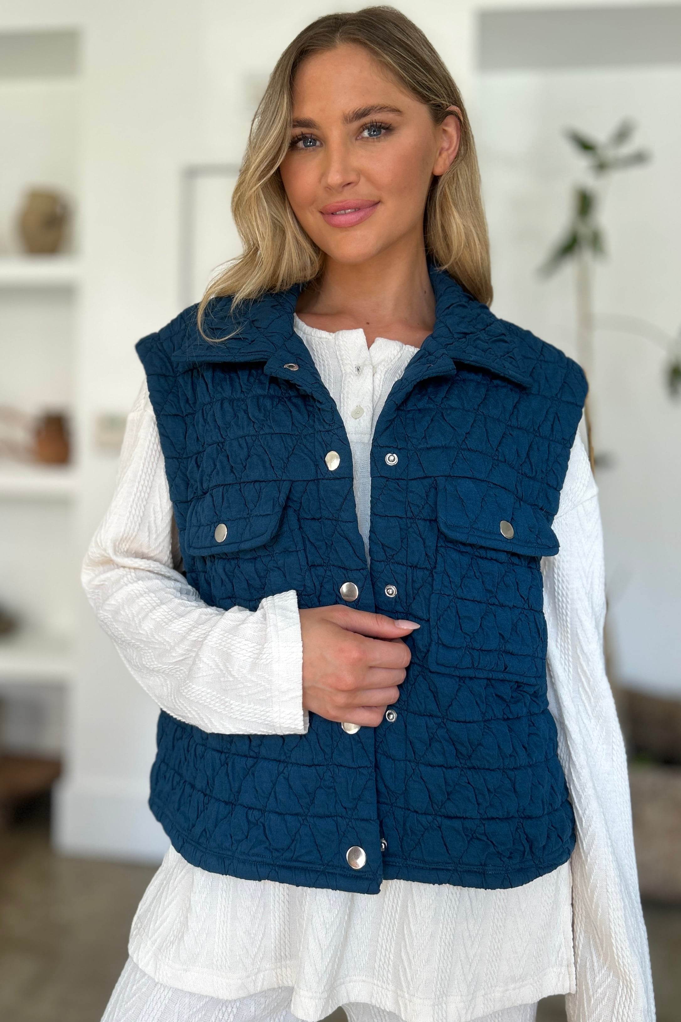 Double Take Full Size Pocketed Texture Snap Down Vest Coat - Fashions Envy