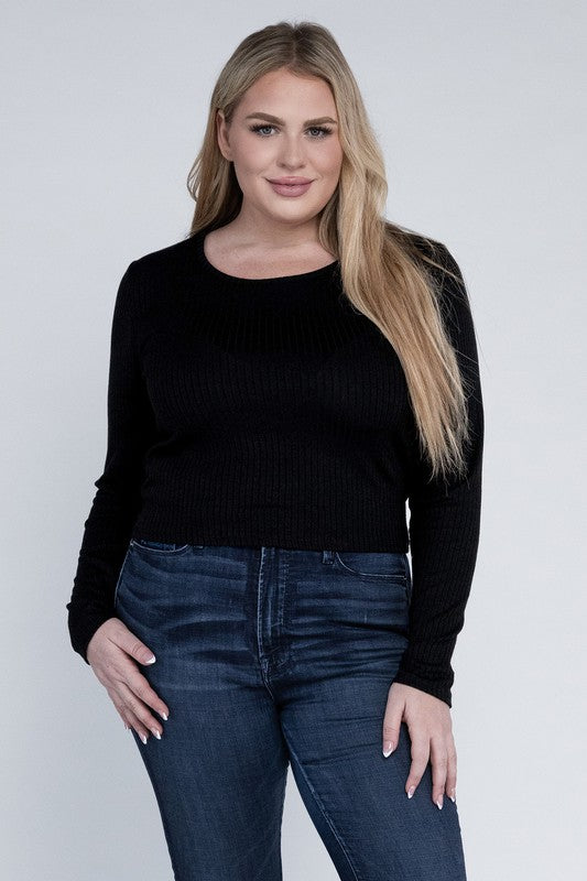 Plus Classic Ribbed Round Neck Long Sleeve Top