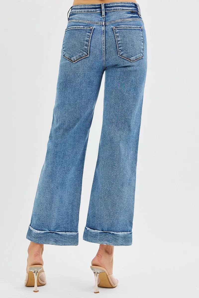 RISEN Crop Straight Jeans - Mid Rise Cuffed Hem - Fashions Envy