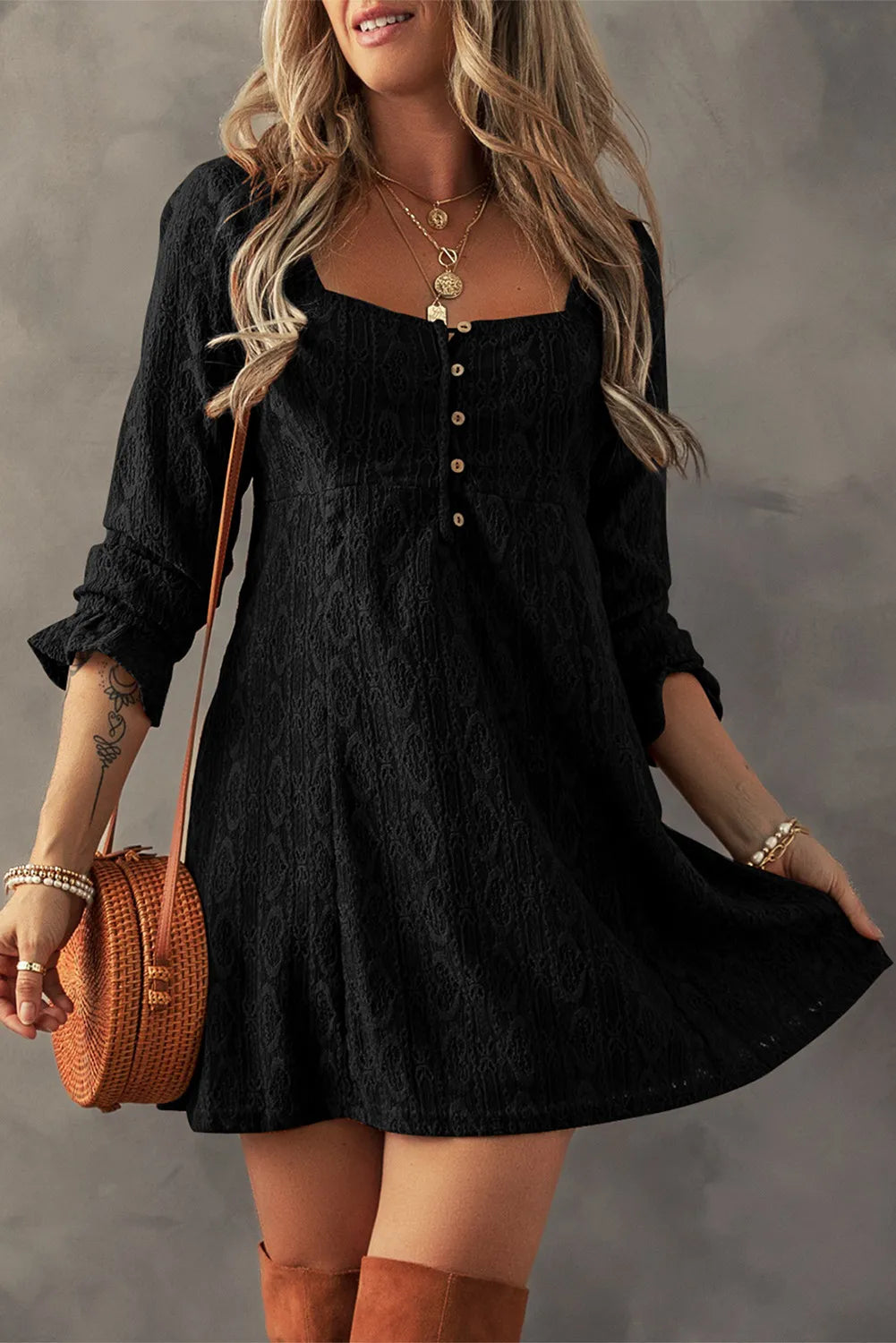 Decorative Button Textured Square Neck Mini Dress