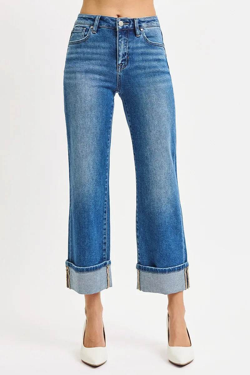 RISEN Full Size Mid Rise Crop Straight Cuffed Jeans Plus Size - Fashions Envy