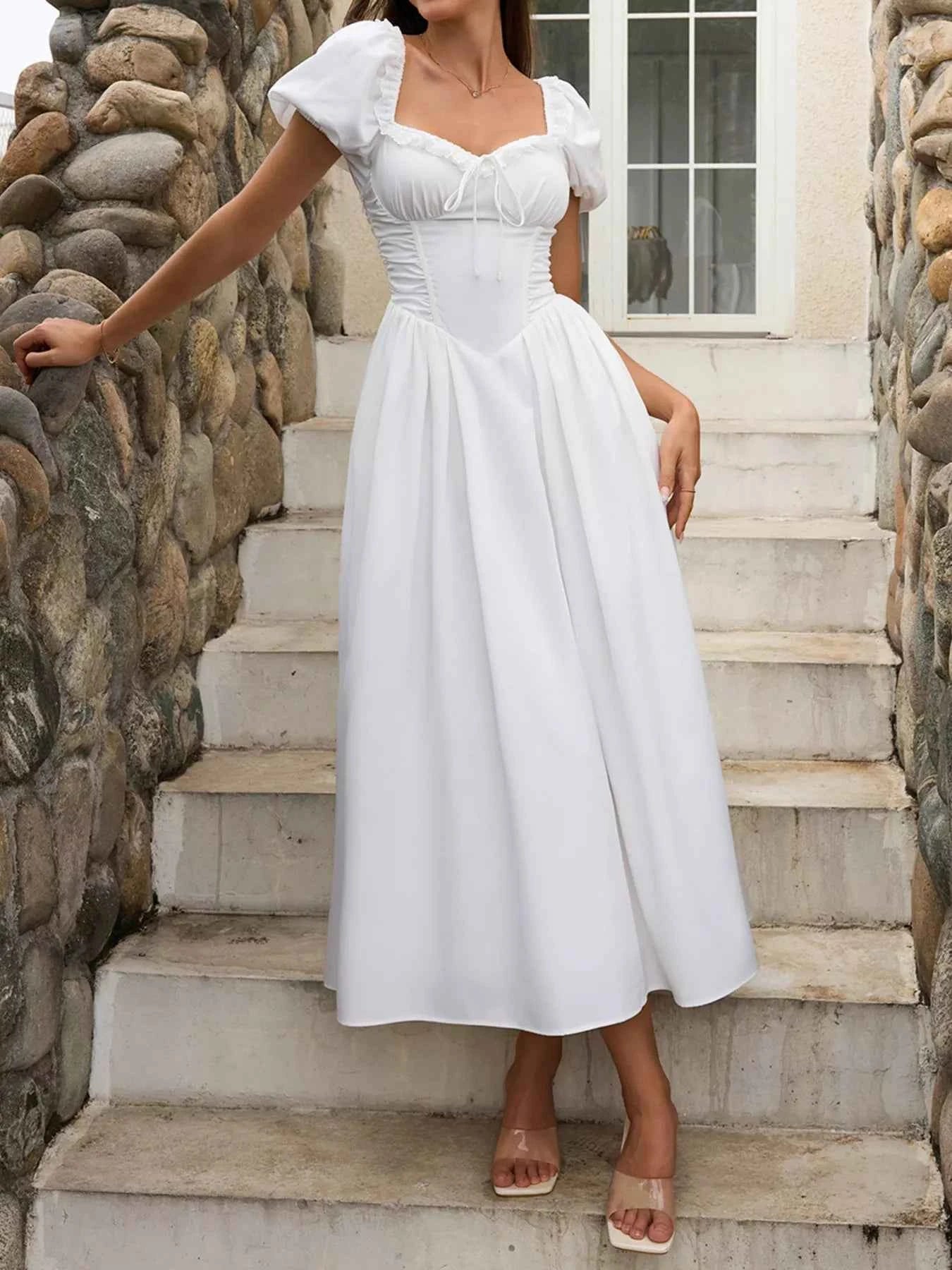 Sweetheart Neck Puff Sleeve Midi Dress