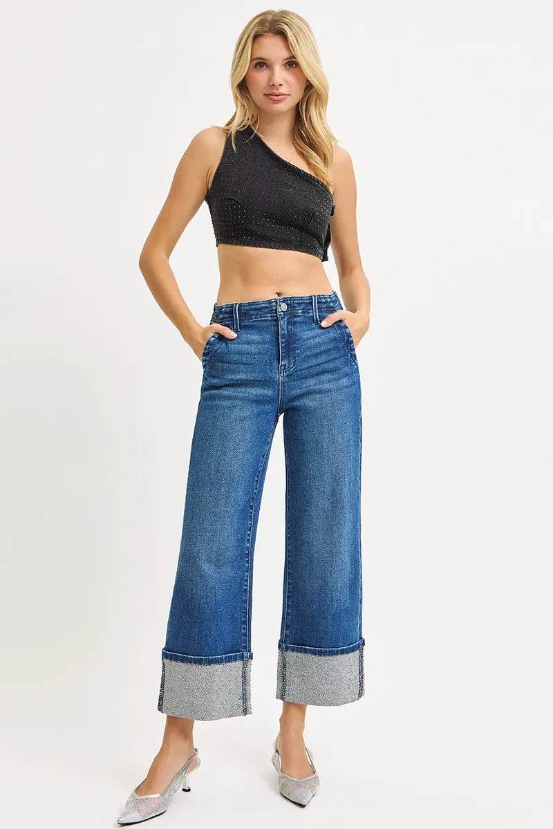 RISEN High Rise Ankle Wide Rhine Stone Cuffed Jeans - Fashions Envy