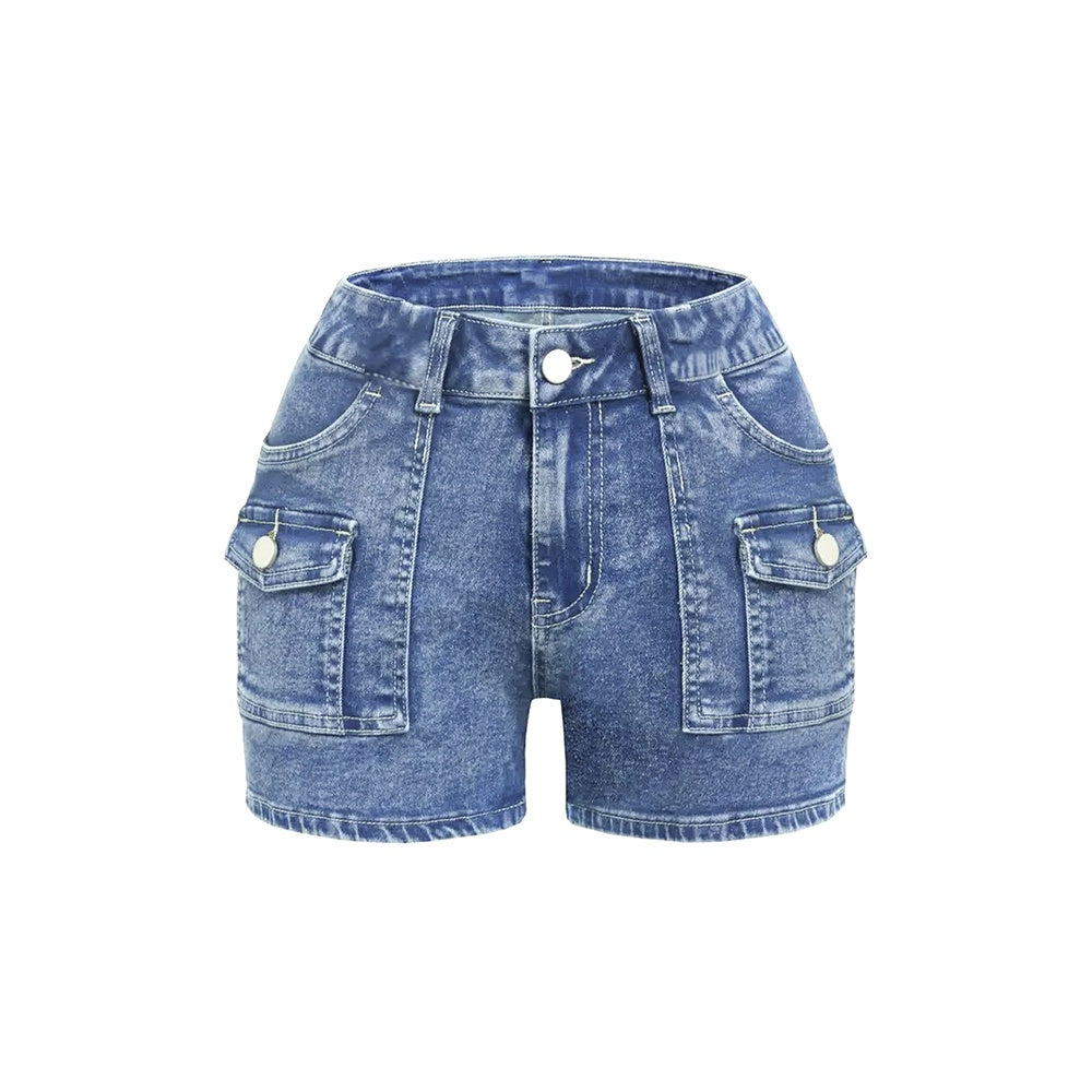Trendsi high-waist wide-leg denim shorts in faded blue with front flap cargo pockets and belt loops