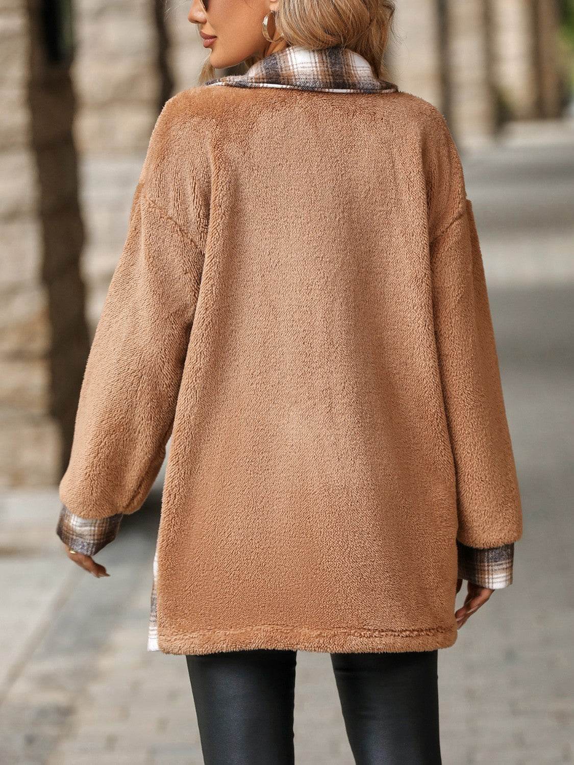 Plaid Contrast Dropped Shoulder Coat - Fashions Envy