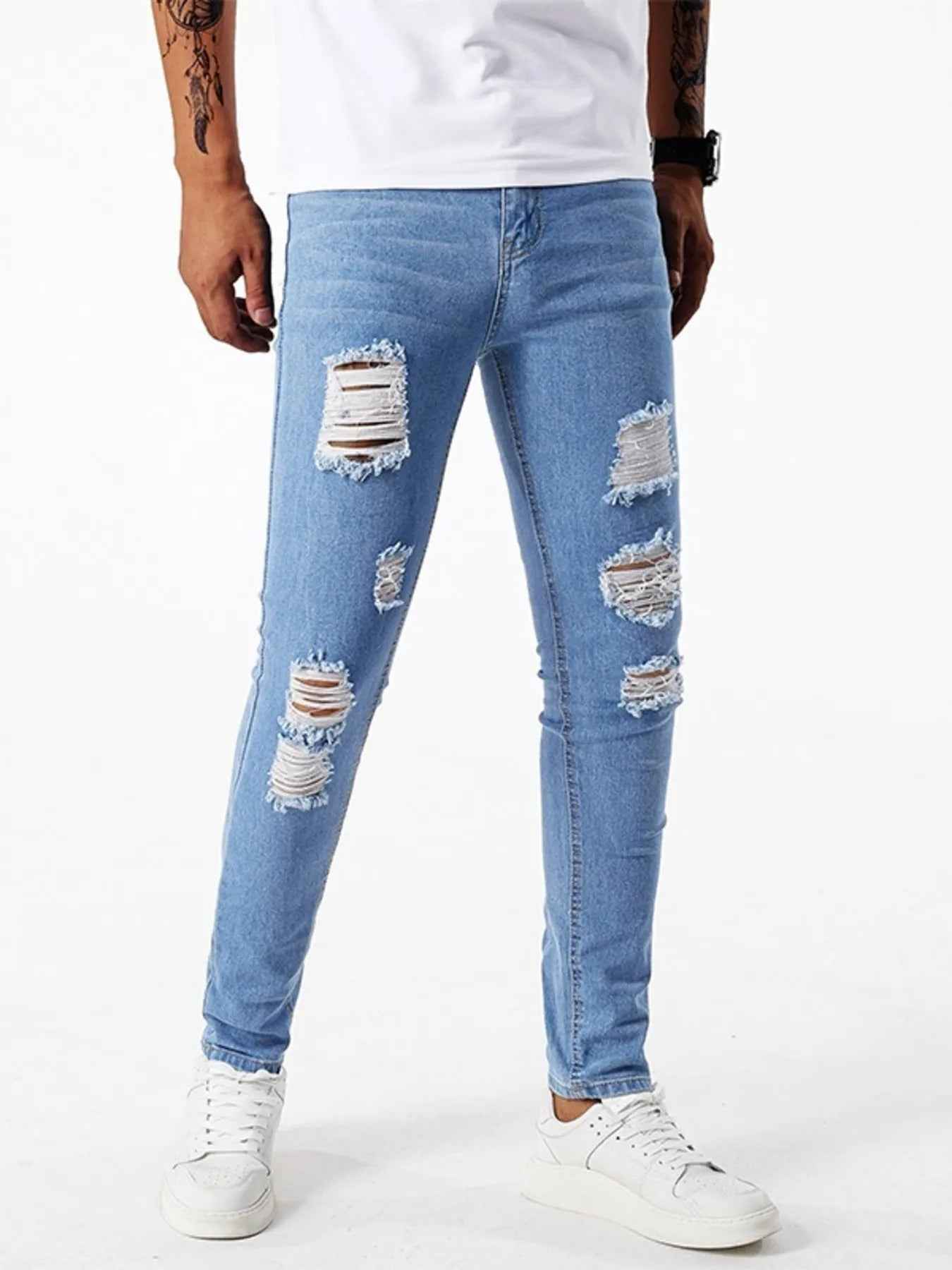 Men's Ripped Slim Fit Jeans - Distressed Stretch Denim - Fashions Envy