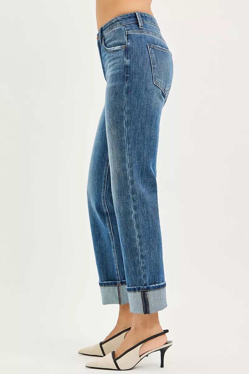 RISEN Slouchy Straight Jeans - 4-Way Stretch Cuffed Hem - Fashions Envy