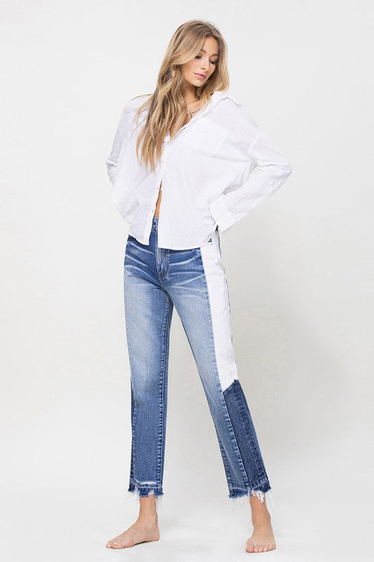Super HIgh RIse Straight W/Side Blocking Panel Jeans