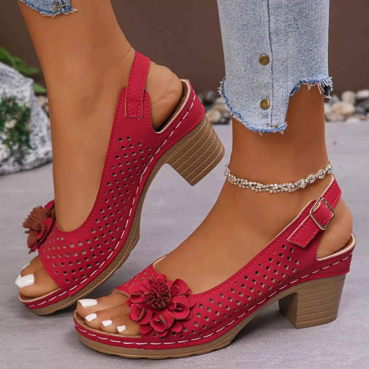 Floral Accent Block Heel Sandals