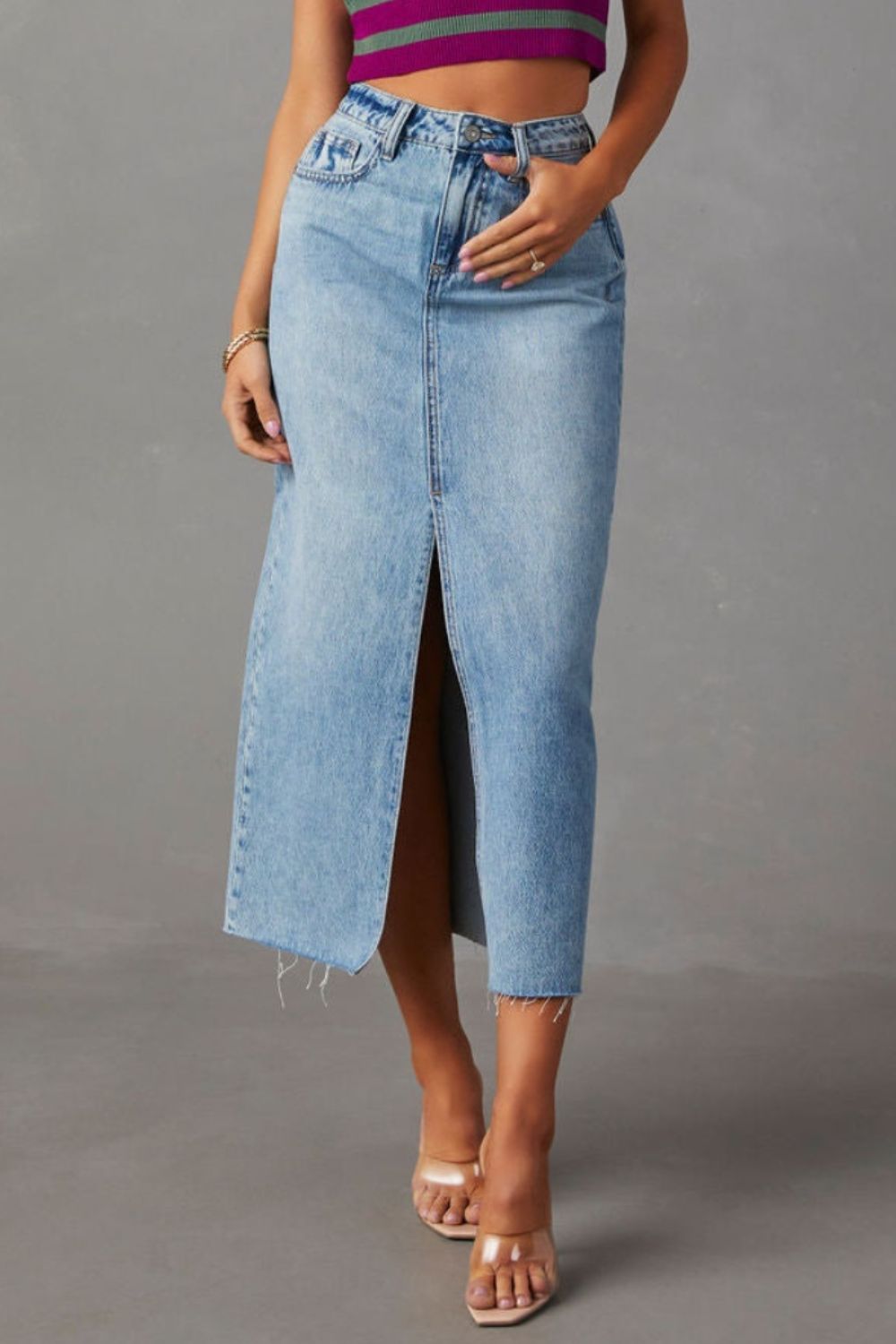 Slit Raw Hem Midi Denim Skirt - Fashions Envy