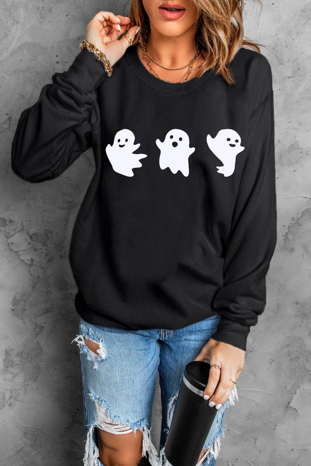 Ghost Round Neck Long Sleeve Sweatshirt - Fashions Envy