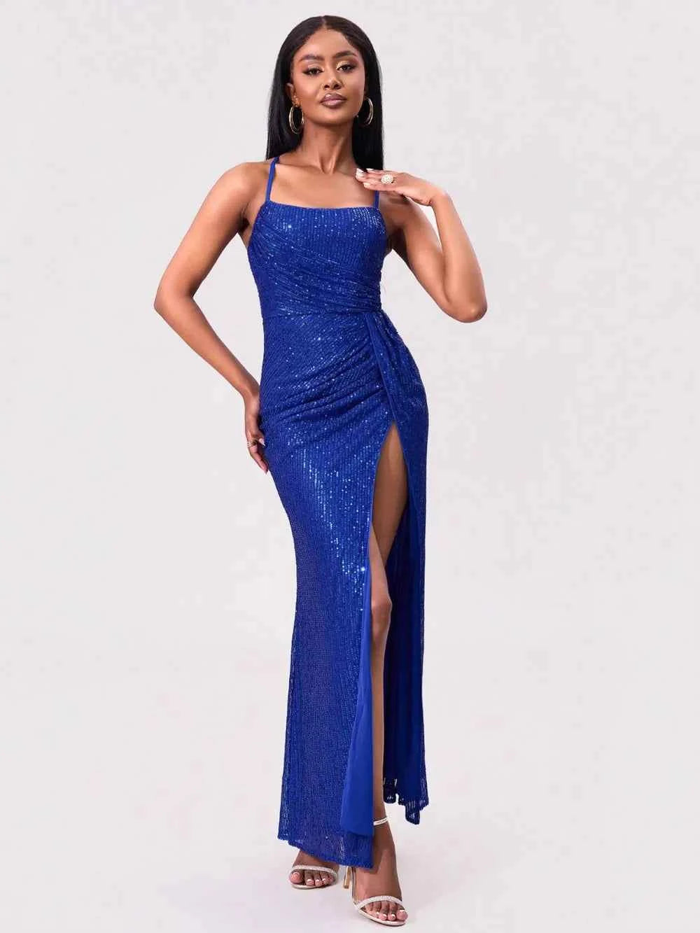 Royal Blue Sequin Maxi Dress - Square Neck Spaghetti Strap