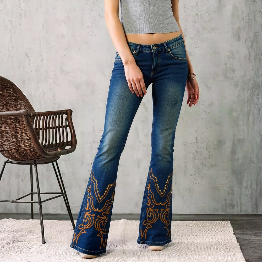 Mid-Waist Wide Leg Embroidered Jeans - Vintage Wash Denim