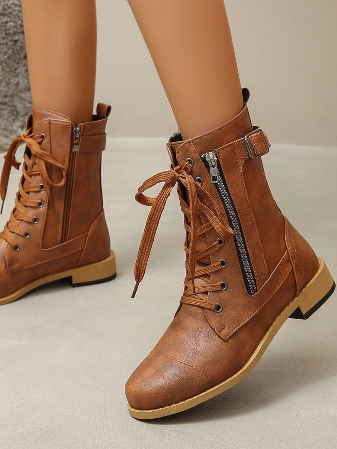 PU Leather Lace-Up Low Heel Zipper Boots